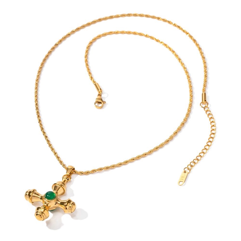 New 18 k gold plated cross green natural stone, gold color.